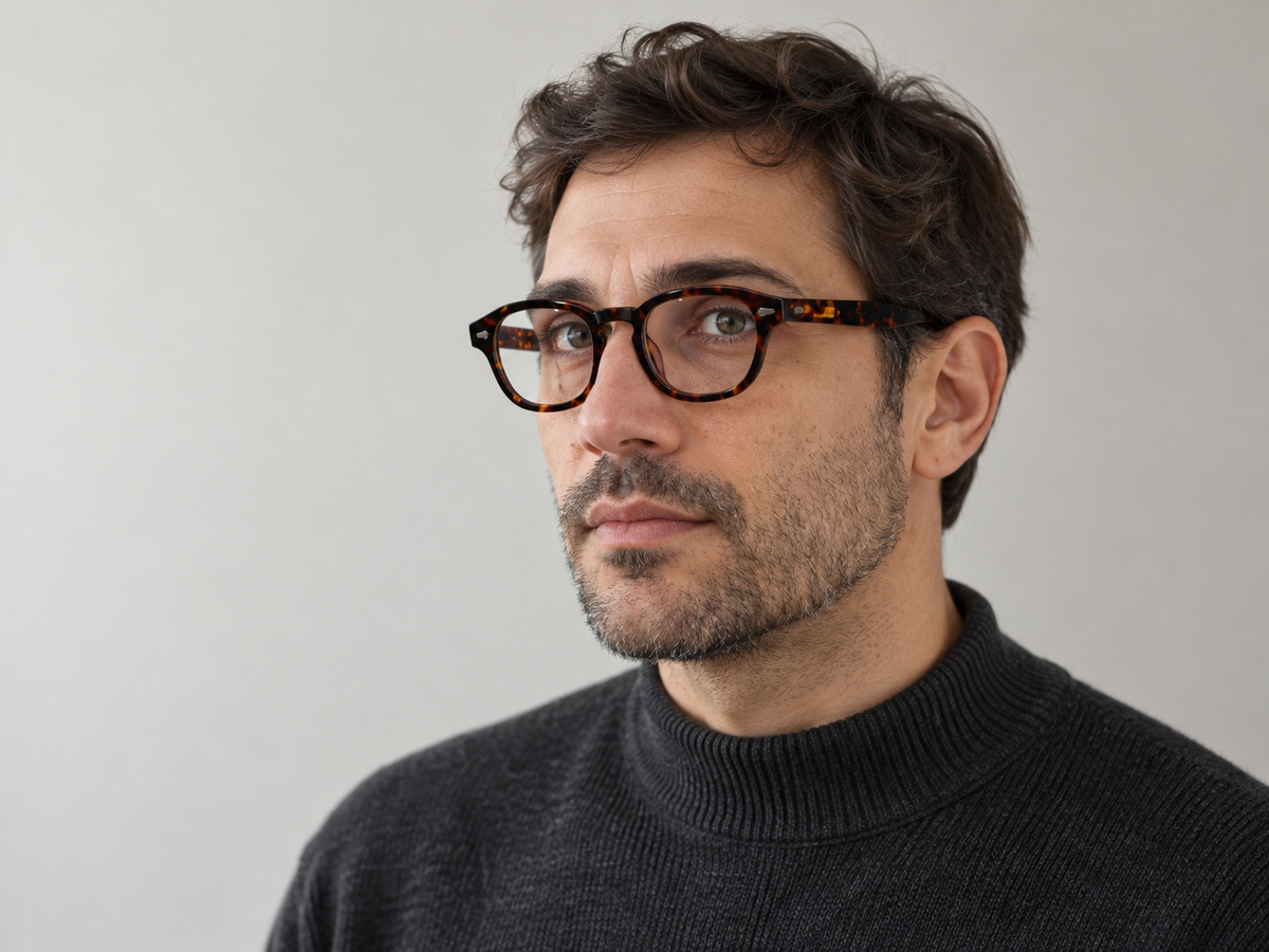 Lesca Posh indossato su uomo, montatura tartarugata e vista a tre quarti